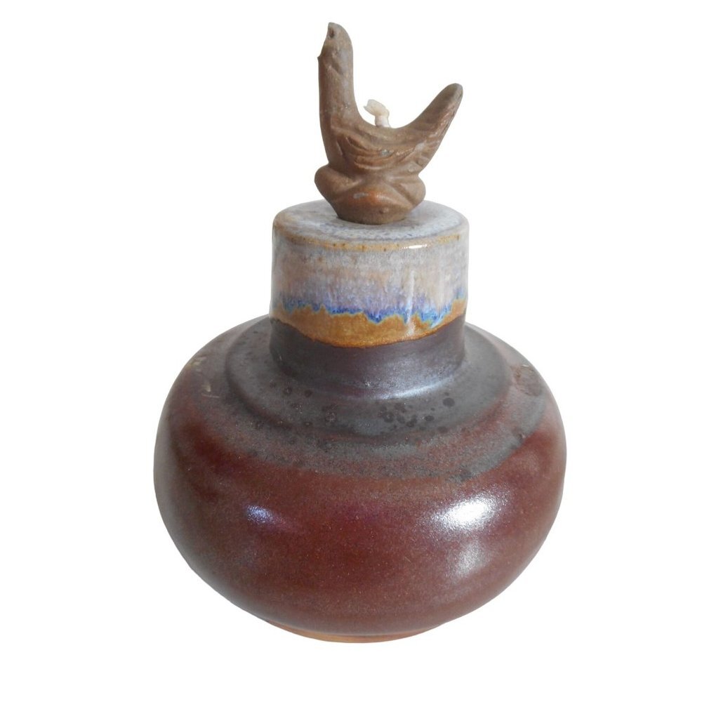 Vintage 1985 Flat Earth Pottery Duck Wick Topper Oil Lamp Vase Artist Signed